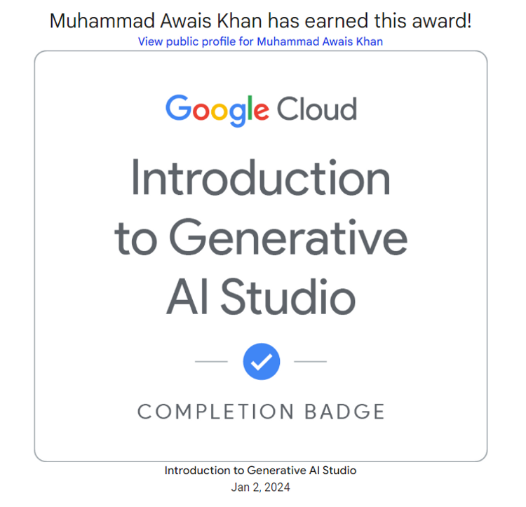 Certificate of Intro to Gen AI Studio