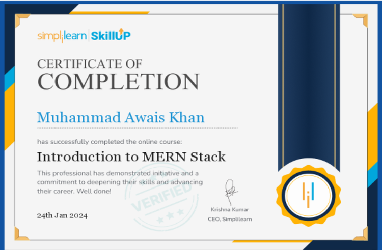 Certificate of Introduction to MERN Stack