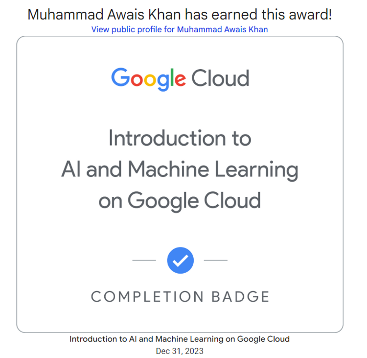 Certificate of Introduction to AI & ML using Cloud